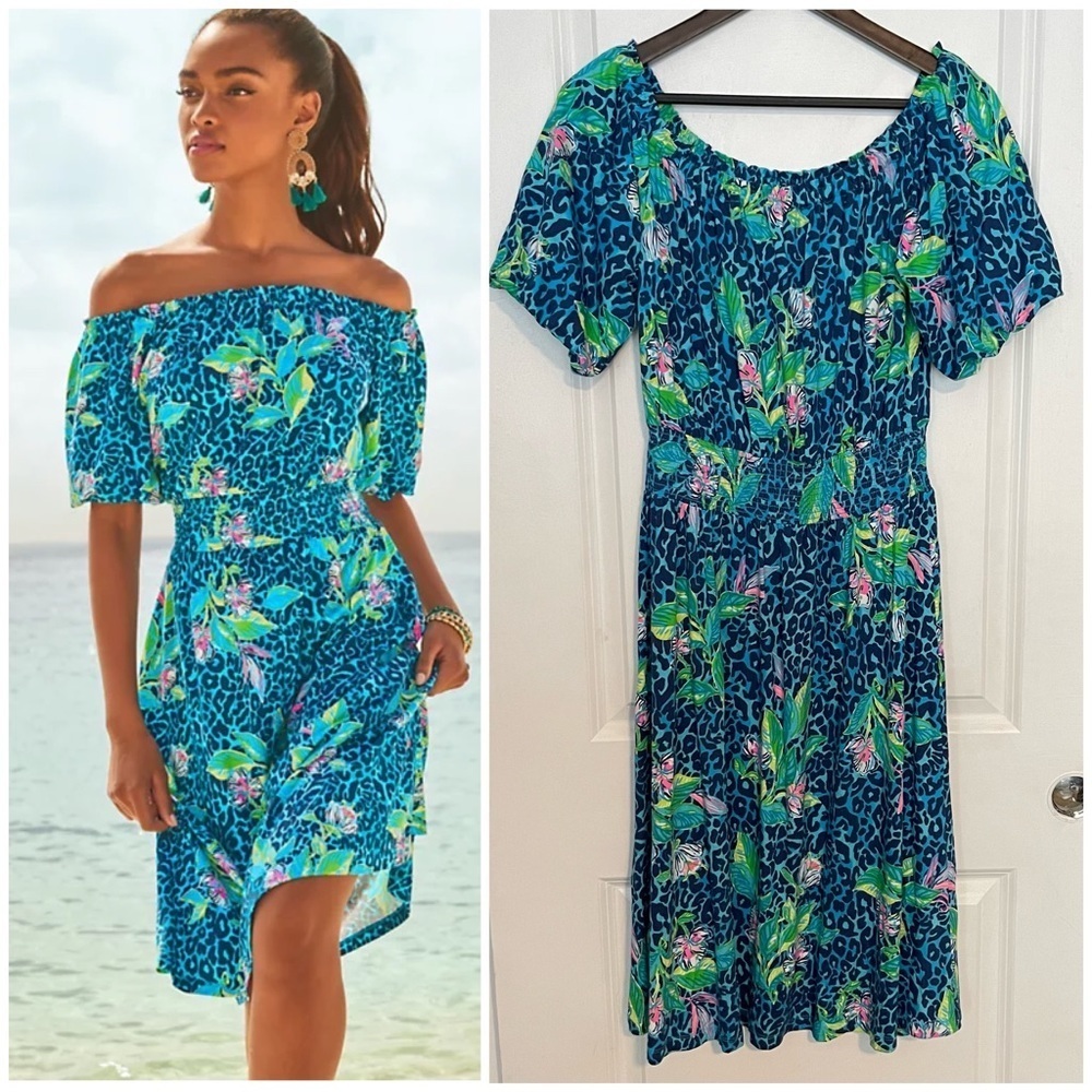 LILLY PULITZER CAMILLE OFF THE SHOULDER DRESS formentera hot on the spot medium